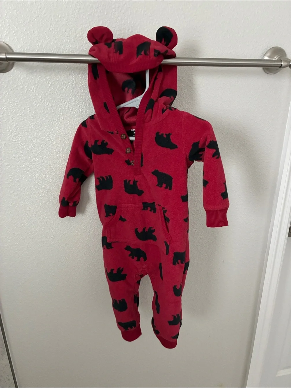 Carter's Red Bear-Print Hooded Footie with Ears
